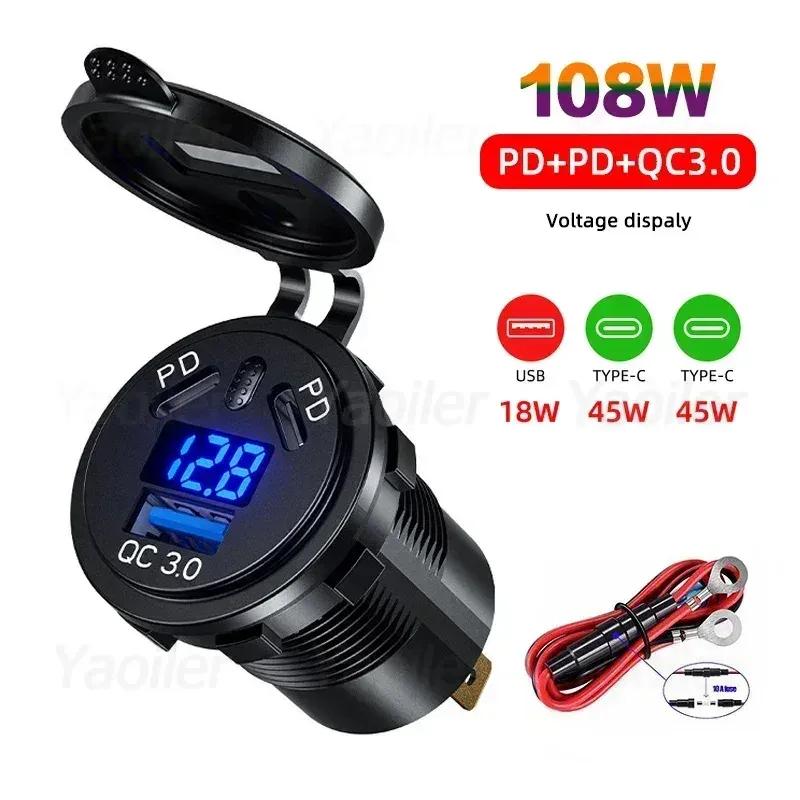 Kewig 108W USB Car Charger Socket Dual PD Type C QC 3.0 with Voltmeter Power Switch Fast Charging for 12-24V Car Boat Motorcycle