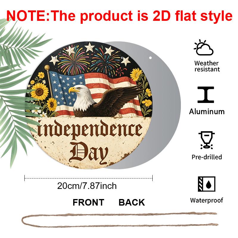 2D Flat, 1pc Round Decor, Vintage Patriotic American Flag, Eagle, Fireworks, Liberty, Aluminum Wall Decor for 4th of July, Home, Office, Porch