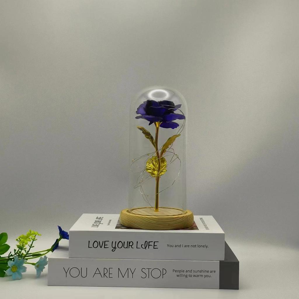 Gold Leaf Preserved Rose in Glass Dome with LED Light