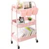 3-Tier Rolling Utility Cart With Lockable Wheels, Mobile Metal Storage Cart With Hanging Cups And Hooks For, Bathroom