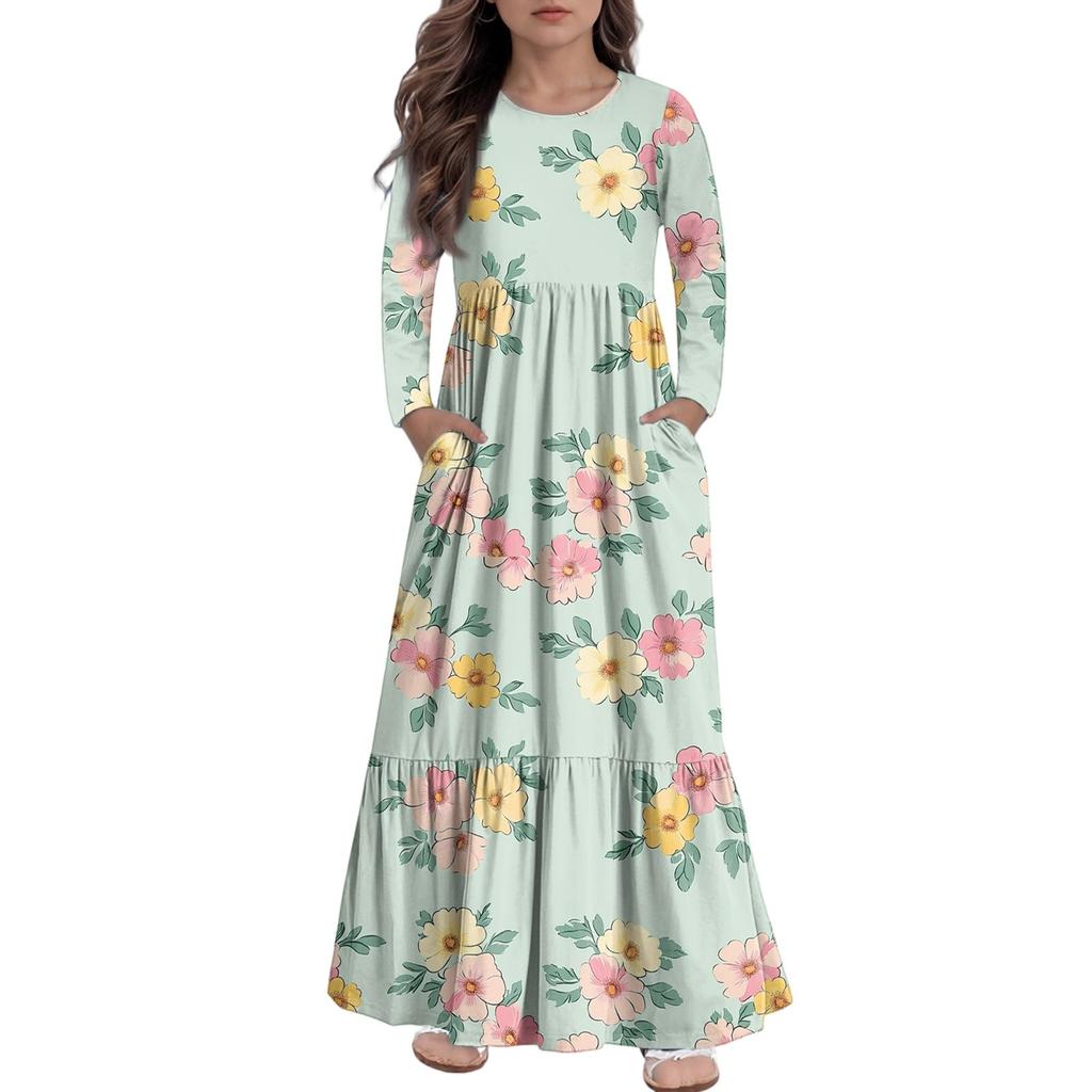 Girls' Maxi Dress Casual Holiday Dresses - Long Sleeve Dress With Pockets For 4-14Y
