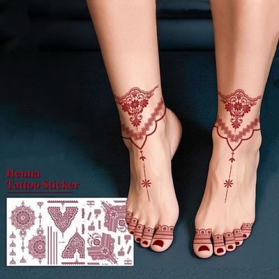 9pcs Brown Red Lace Fake Tattoos Lace Hollow Indian Style Temporary Tattoos Set Beauty Tool Face Hand Feet Flower Fake Tattoos