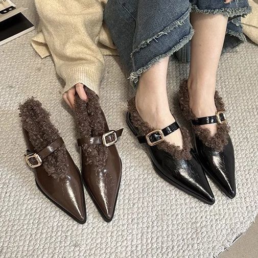 Fleece 2025 autumn and winter new hair super one-word button pointed flat-soled cotton shoes hair shoes flat-heeled single shoes women's shoes