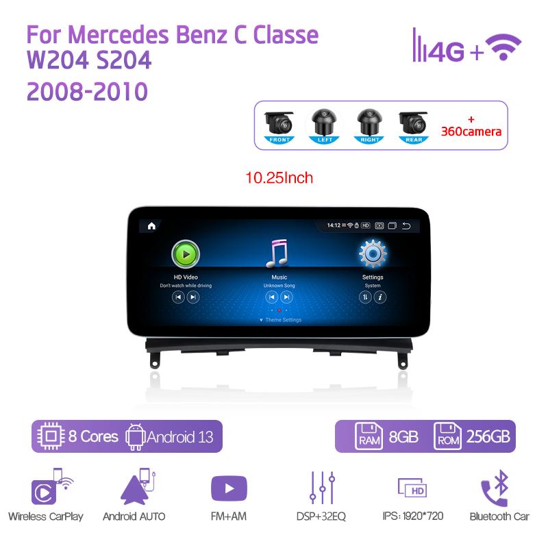 10.25/12.3" Android13 For Mercedes Benz C Classe W204 S204 2008-2010 Car Multimedia Player GPS Navigation CarPlay 4G 360Camera