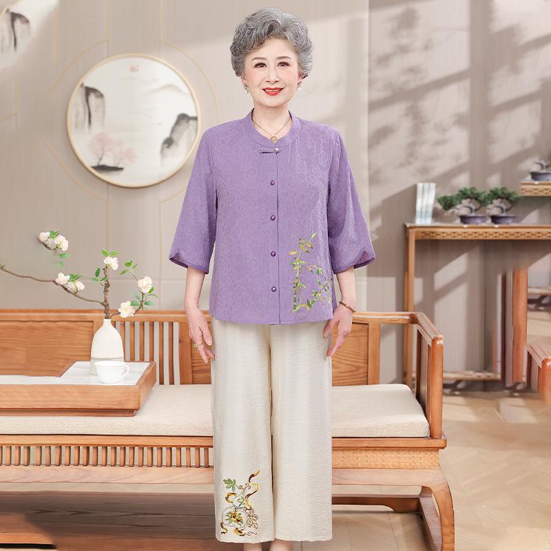 Women's Summer Cotton-Linen Set: 3/4 Sleeve Top & Two-Piece Outfit for Middle-Aged & Elderly