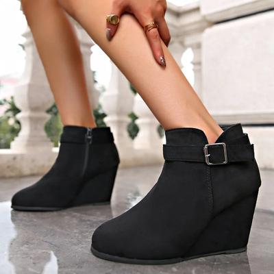 Modische Stiefeletten für Frauen 2024 Retro Runde Kappe Damen Keilstiefel Einfarbig Einfache Große Größe Damenschuhe Botas De Mujer