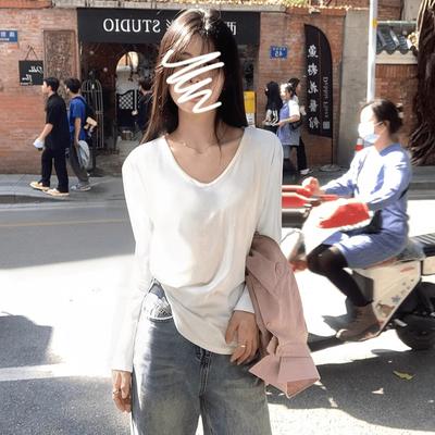 Pure Desire White V-neck Bottoming Shirt, Long-sleeved T-shirt for Women, Early Autumn, Lazy, Loose, Casual, Beautiful Inner Basic Top