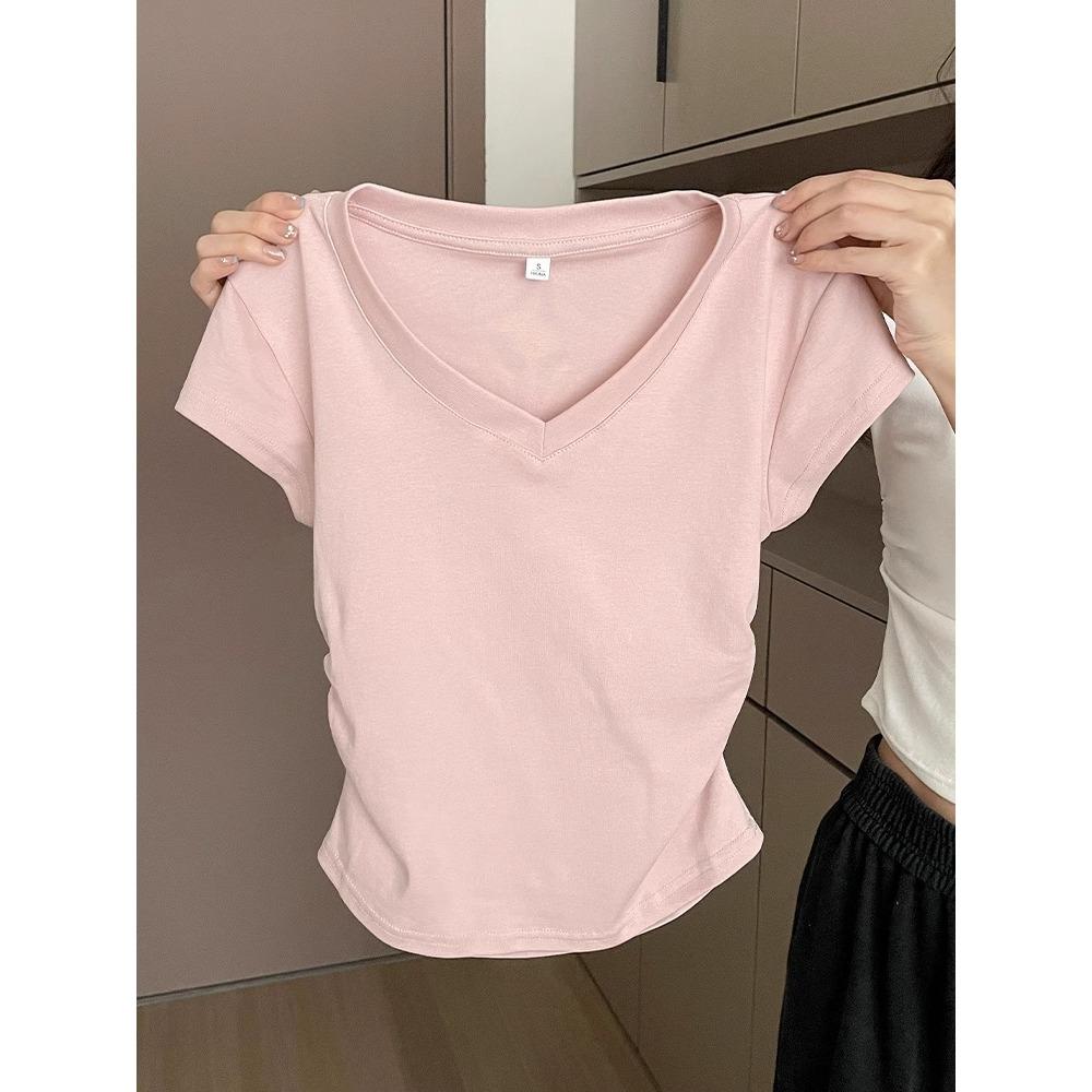 Cotton Blue Shoulder Short Sleeved T-shirt for Women In Summer, Slim Fit and Stylish, Pleated Waist Cinching Short T-shirt Top