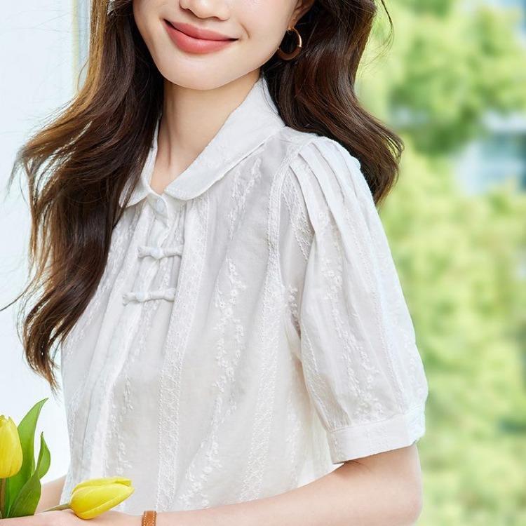Summer Women Short Sleeve Apricot Embroidered Shirt Chinese Style Pure Cotton Button Top