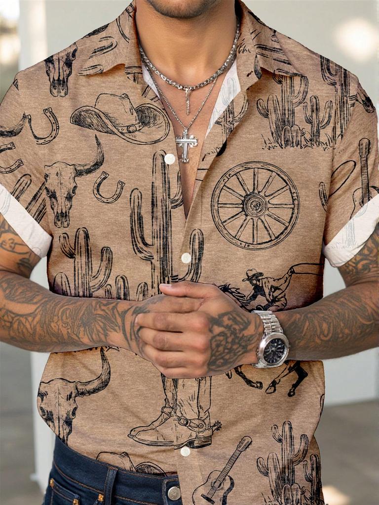 Vintage Western Cowboy Print Kurzarmhemd für Herren