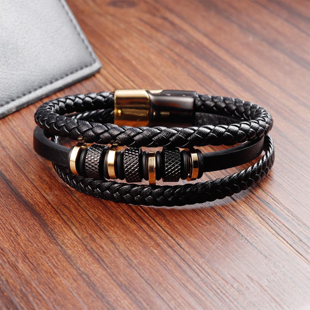 Schwarzes Lederseil Rindsleder Herren Doppellagig Echtes Leder Geflochtenes Armband Handgefertigt Mehrschichtiges Lederarmband