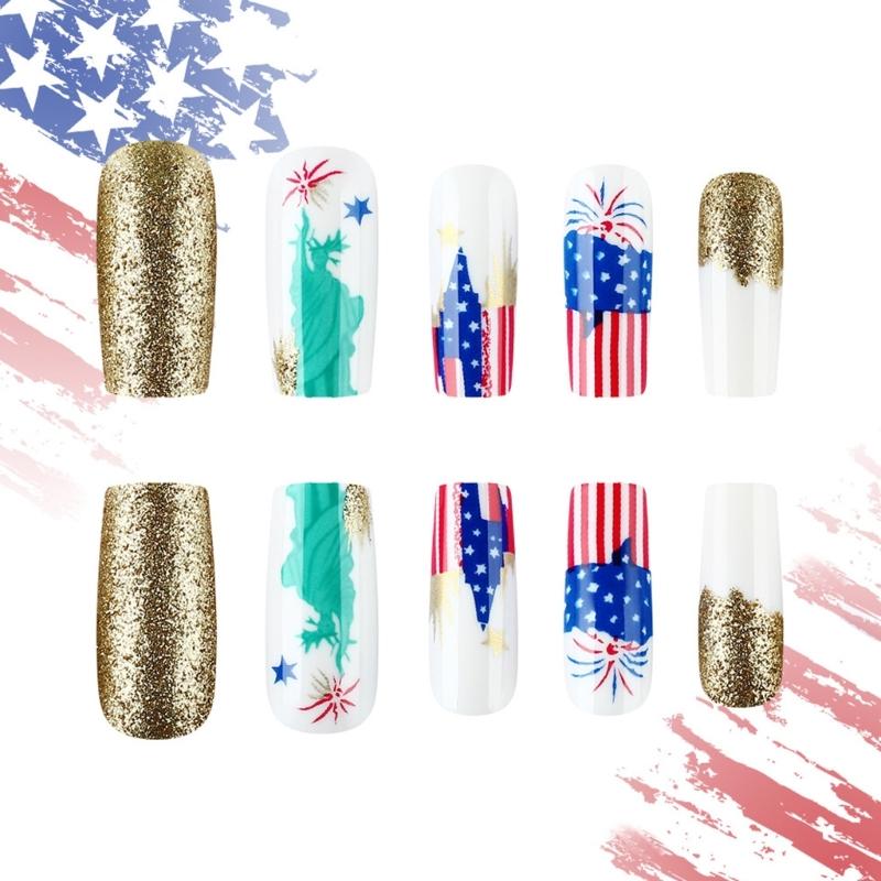 24 Pcs Independence Day False Nail Star Artificial Nail 4th of July Full Cover Stick on Nail Long Square Press On Nail