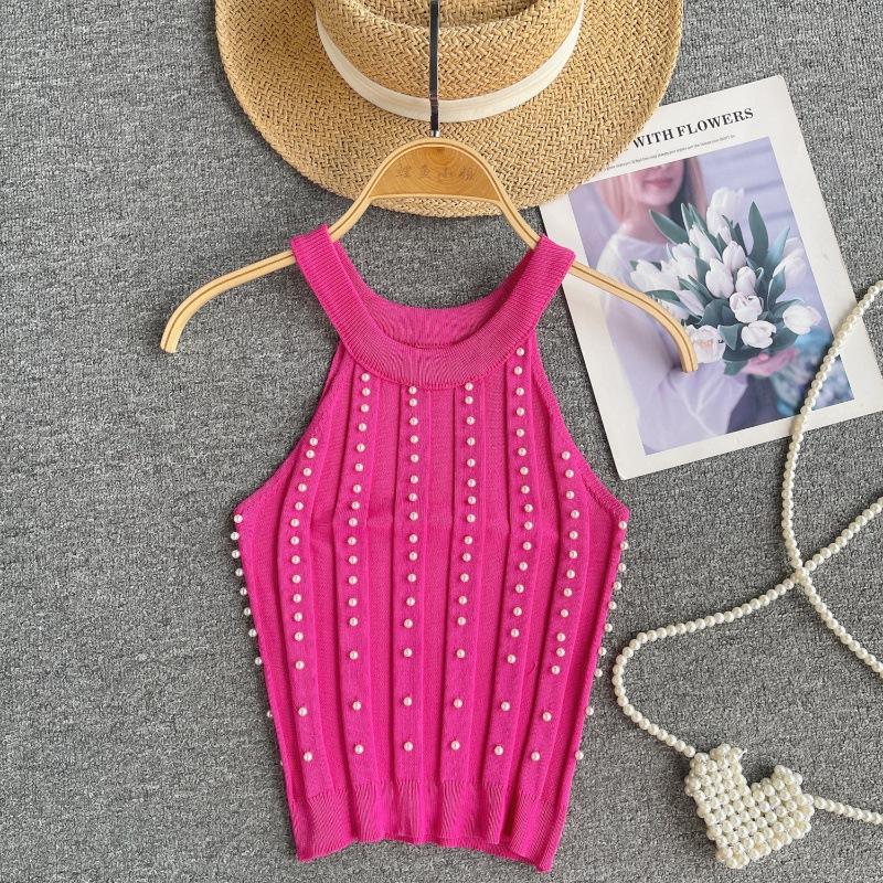 Pure Desire Top Women's Heavy Industry Beads Slim-fitting Short Sexy Off-the-shoulder Neck Sling Vest Women's Versatile Knitted Sweater Tide