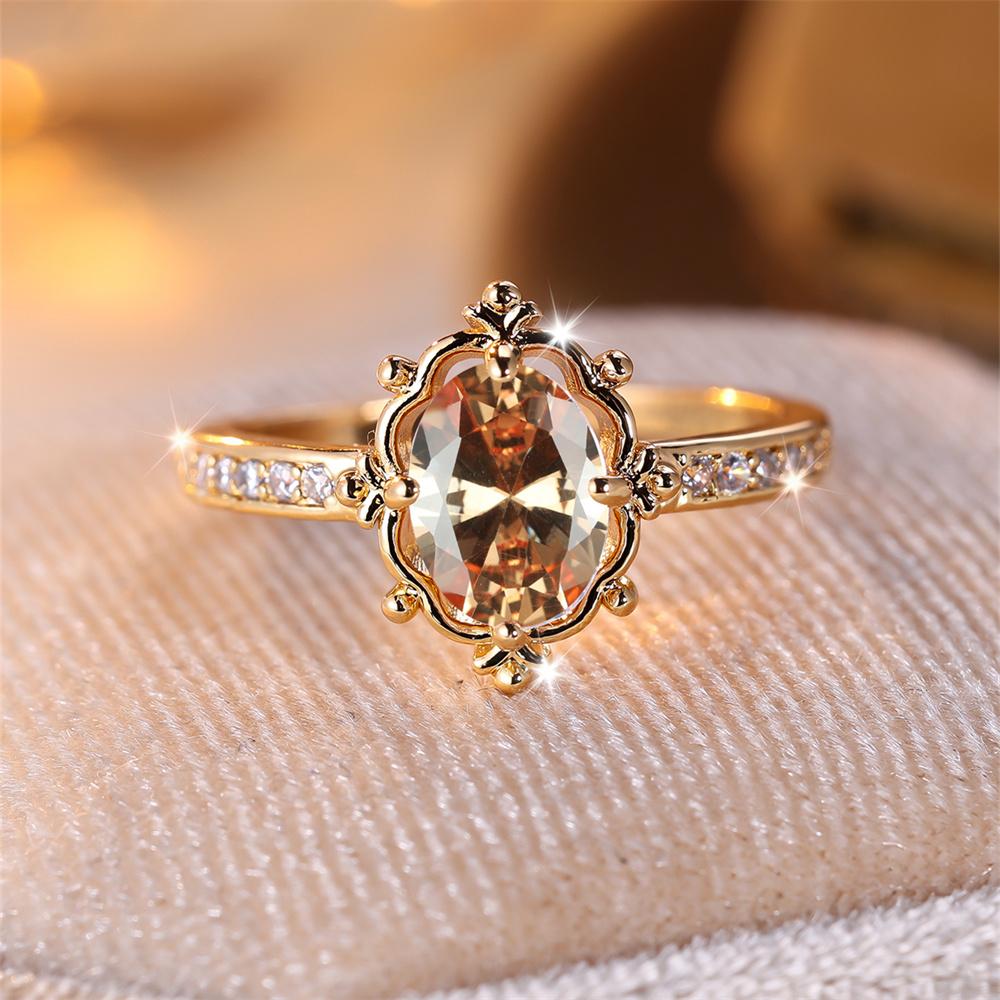Champagne Zircon Egg Shape Stone Ring Luxury Crystal Oval Engagement Rings For Women Vintage Gold Color Wedding Jewelry