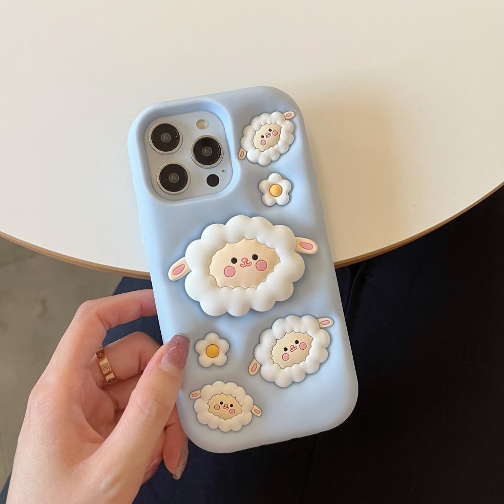 For iPhone 13 14 15 16 17 Pro Max Cute Cartoon 3D Sheep Soft Silicone Case Phone Back Cover Bracket