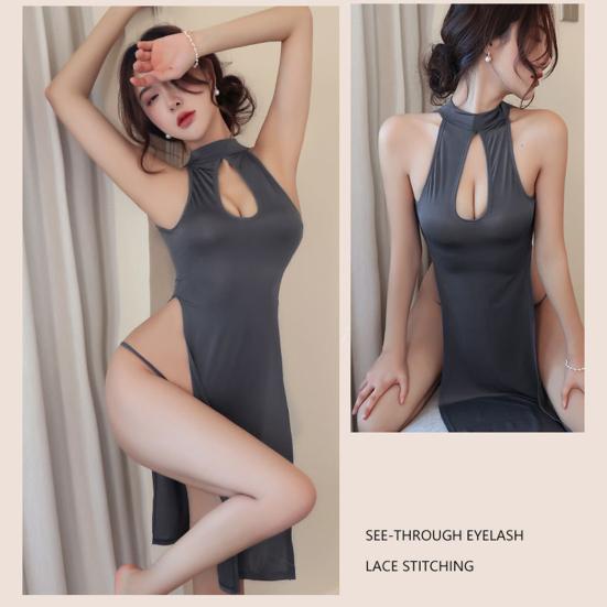 2 Pcs/Set Nightdress Panties Set High Split Hollow Out Sleeveless Backless Solid Color Qipao Style Cosplay G-string Nightgown Set