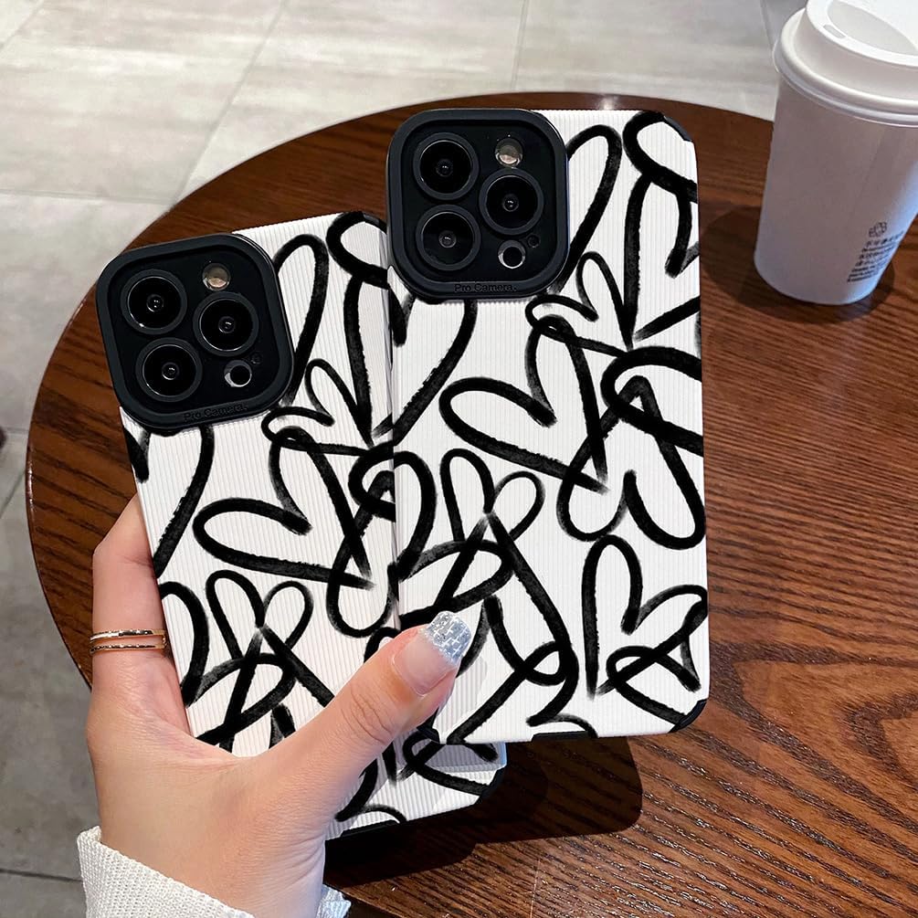 Love Heart Black and White Simple Graffiti Silicone Case Compatible with iPhone Case (iPhone 16 Pro Max)