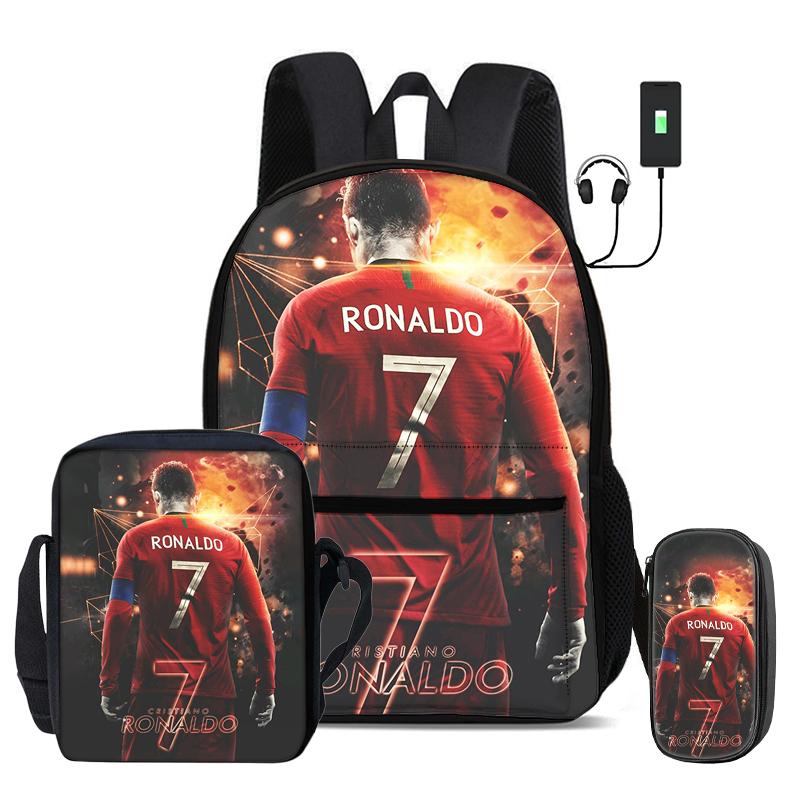 Ronaldo 3 Pcs Set School Bags Backpack with USB Interface CR Football Star Shoulder Bag Football Sports Pencil Bag Kids Rucksack