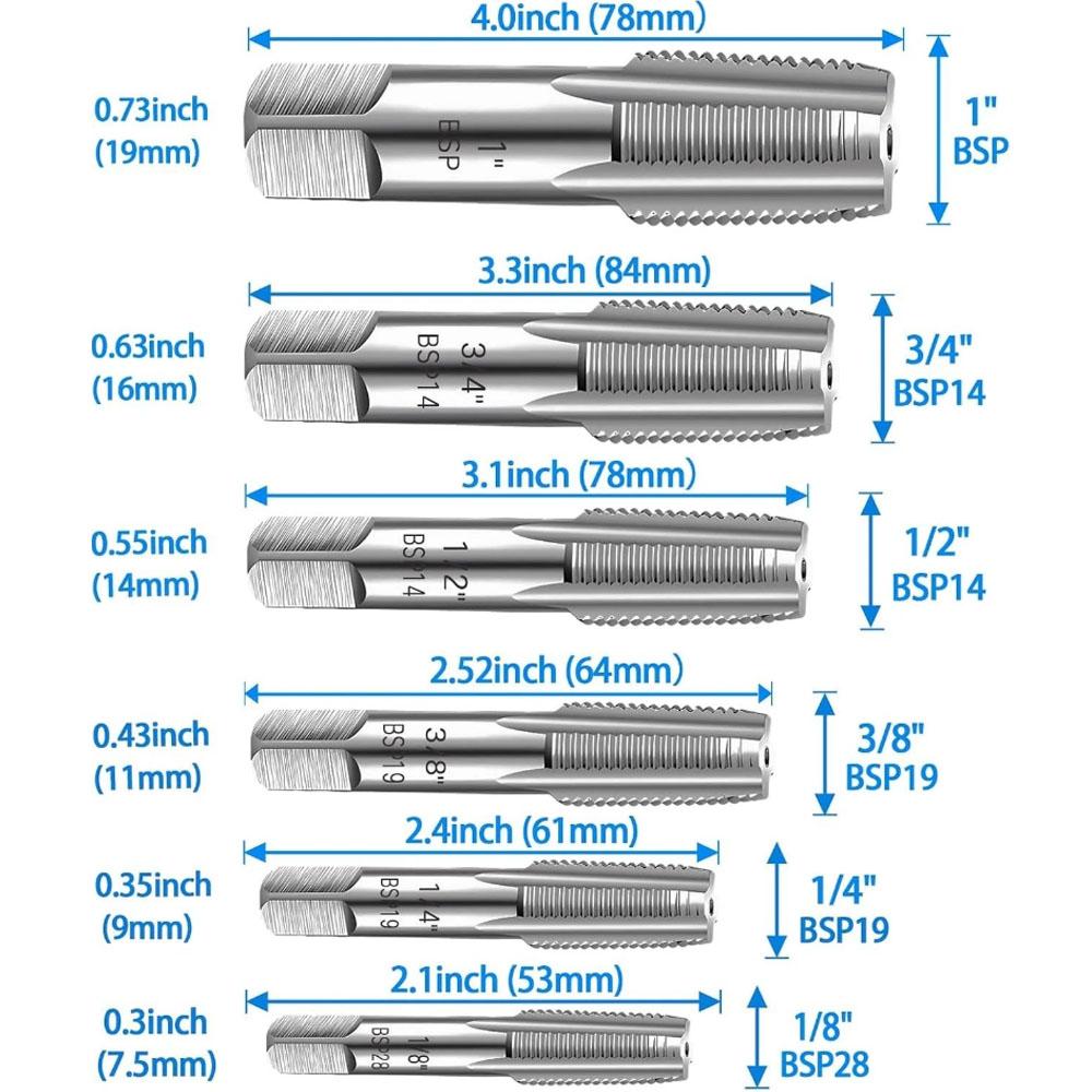 6-Piece BSP Pipe Tap Set,1" 3/4" 1/2", 3/8", 1/4", 1/8" BSP Tap Set Leak-Free Carbon Tap Set For Plumbing Automotive