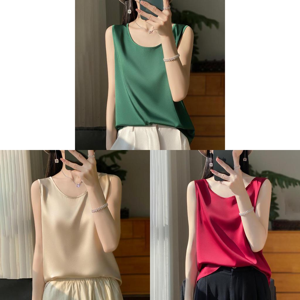 Silk Satin Summer Womens Sleeveless T Shirt With Round Neck For Office Wear