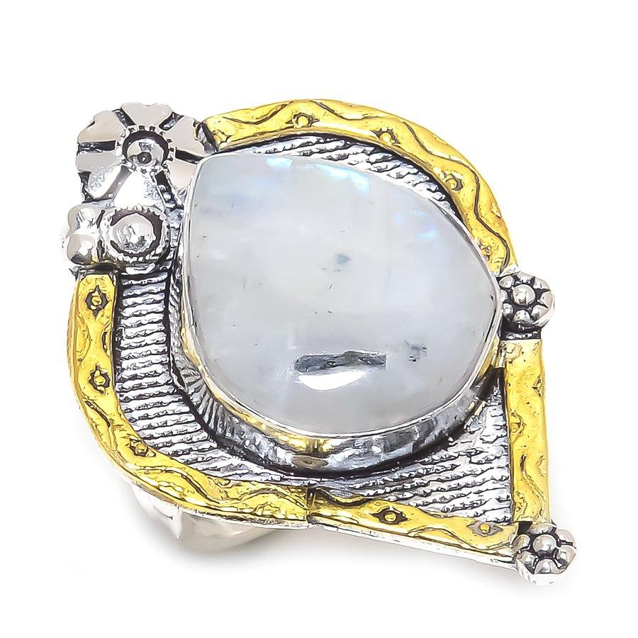 

Двухцветное кольцо из стерлингового серебра 925 пробы с натуральным радужным лунным камнем S.10 c9w96