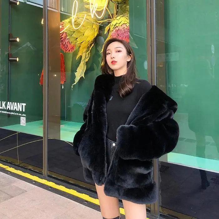Korean Thickened Mink Velvet Coat Women Winter Clothes Jacket Version Loose Imitation Rabbit Fur Plush Hooded Fur Coat