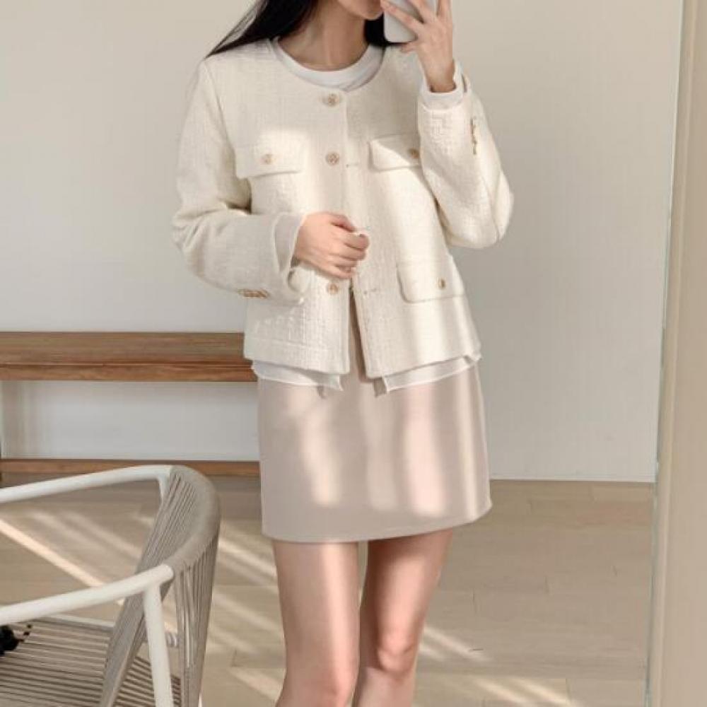 New Arrivals Open Run Tweed Jacket Round Neck Double Chiffon Wool Outer Layered