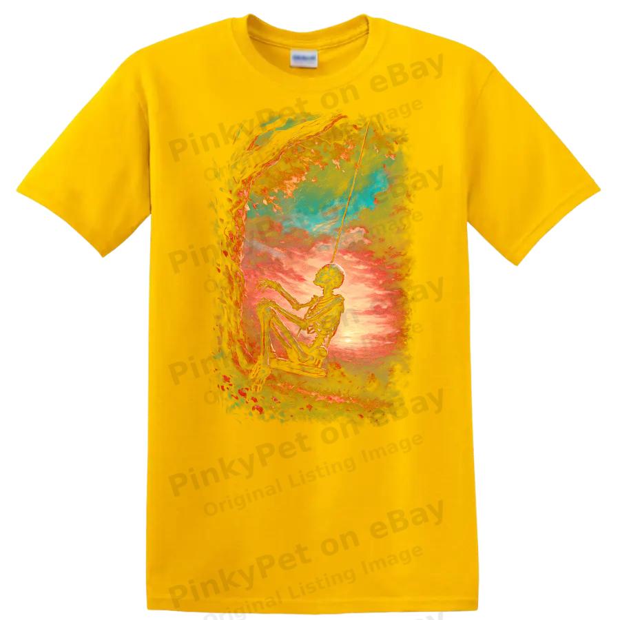 Skeleton on Swing Sunset Scene T Shirt Artistic Nature Tee Cute Gift Idea