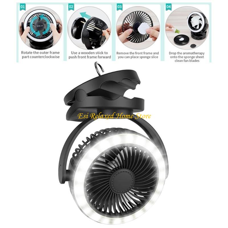 B46E 10000mAh Camping Fan with LED Light Battery Operated Portable Fan with Hanging Hook 720°Rotating&360° Adjustable up&Down