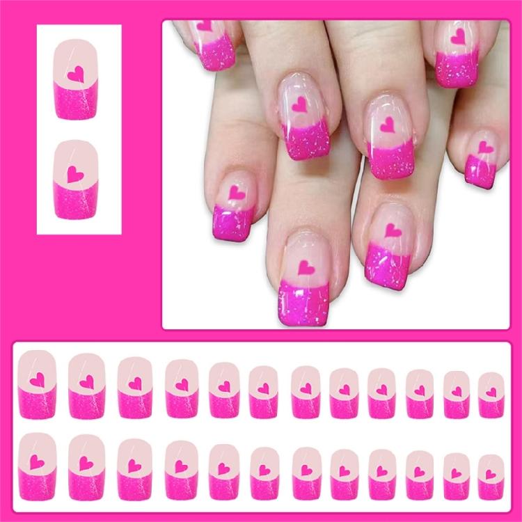 24pcs French Tip Artificial Nail with Heart Pattern Short Square Acrylic Nail Press On Nail Valentines Nail Accessories