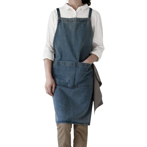 OMAYOU H-Shaped Apron, Neck Strap, Simple, Solid Color, Stylish, Large Pockets, Stain Resistant, for Men and Women, Cafe Apron (Blue)