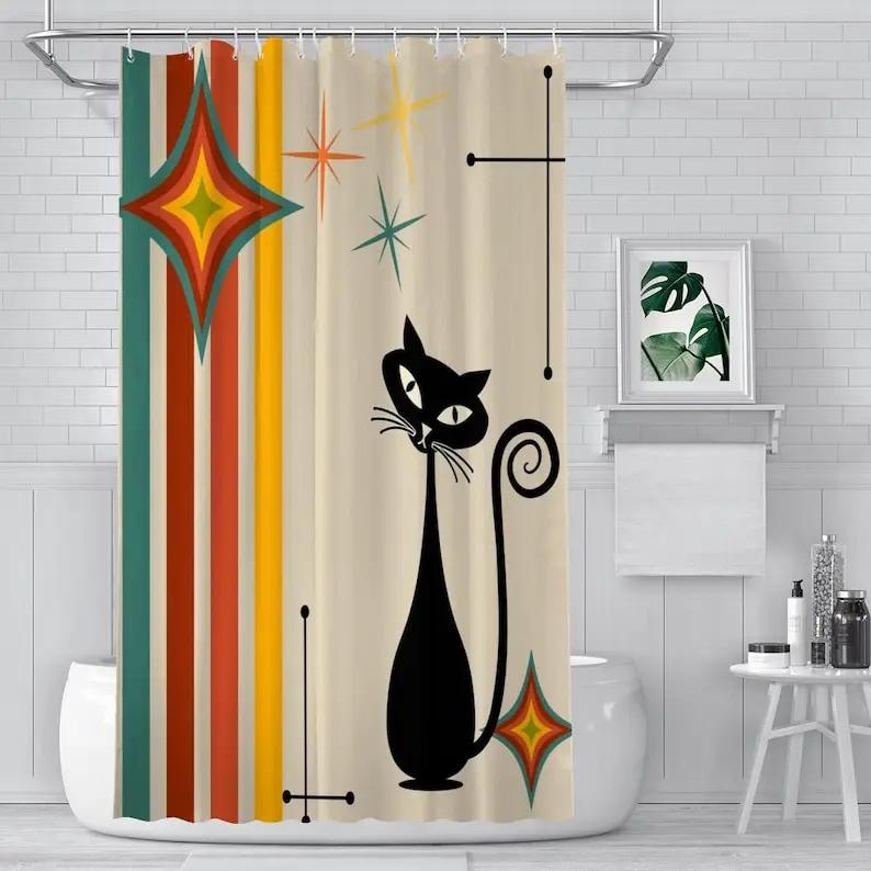 Atomic cat stripes and star shower curtain, retro, Mid Century Modern, MCM bathroom decor, kitschy, black cat lover