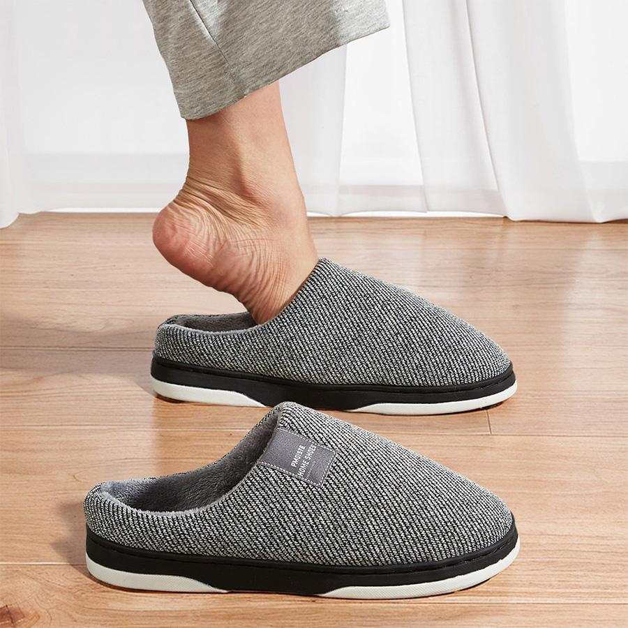 Men's Home Slippers 2024 Winter Warm Fuzzy Lined Male House Shoes Stripe Soft Memory Foam Non-slip Indoor Slipper Man Plus Size