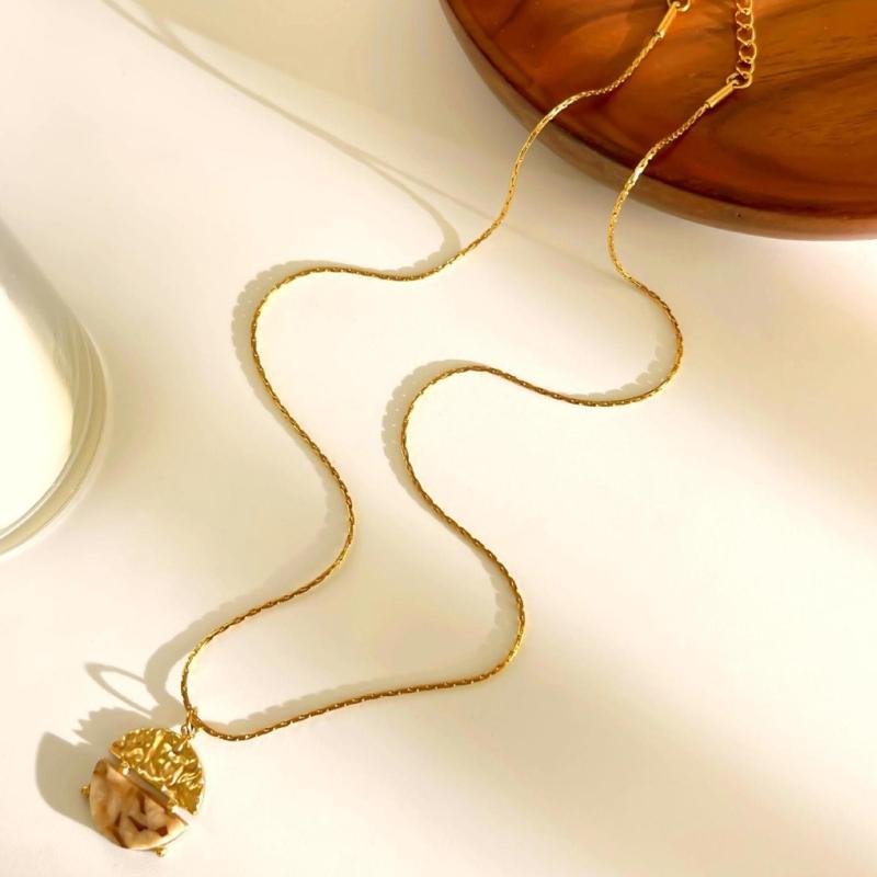 French Inspired Adjustable Round Pendant Necklace Elegant Stainless Steel Lightweight Chain For Women Gift Layering Jewelry