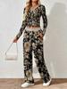 Floral pattern printed women's V-neck long-sleeved trousers set Comfortable casual versatile slim two-piece set