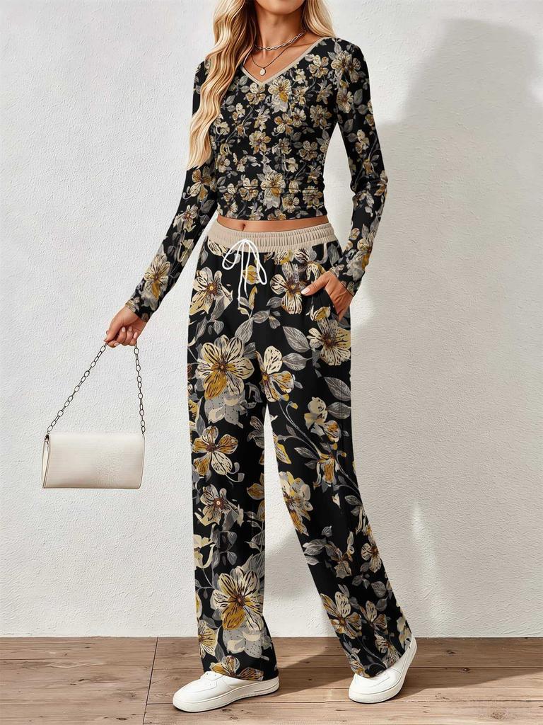 Floral pattern printed women's V-neck long-sleeved trousers set Comfortable casual versatile slim two-piece set