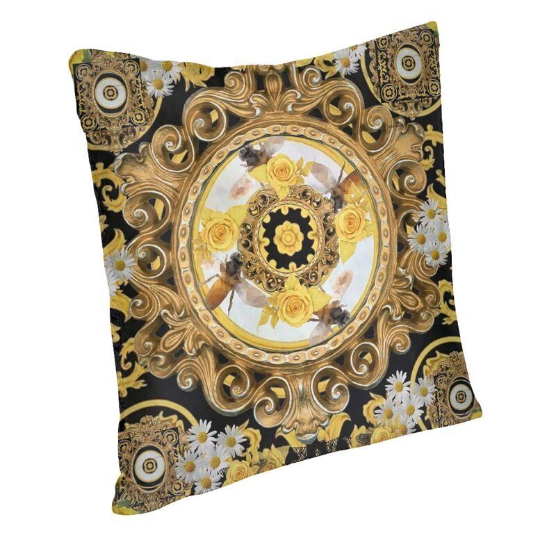 Kissenbezug mit gelber Rose und Bienen, Vintage-Kitsch, Barock-Schals, 40 x 40 cm, Samt, nordischer Kissenbezug, Wohnzimmer-Dekoration