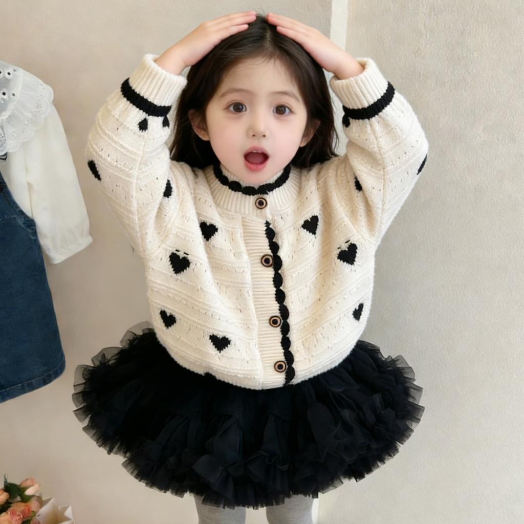 Girls' Spring Autum Sweater Cardigan Fashionable and Versatile Single-Breasted Heart Long-Sleeved Korean Style Baby Girl's Jacket