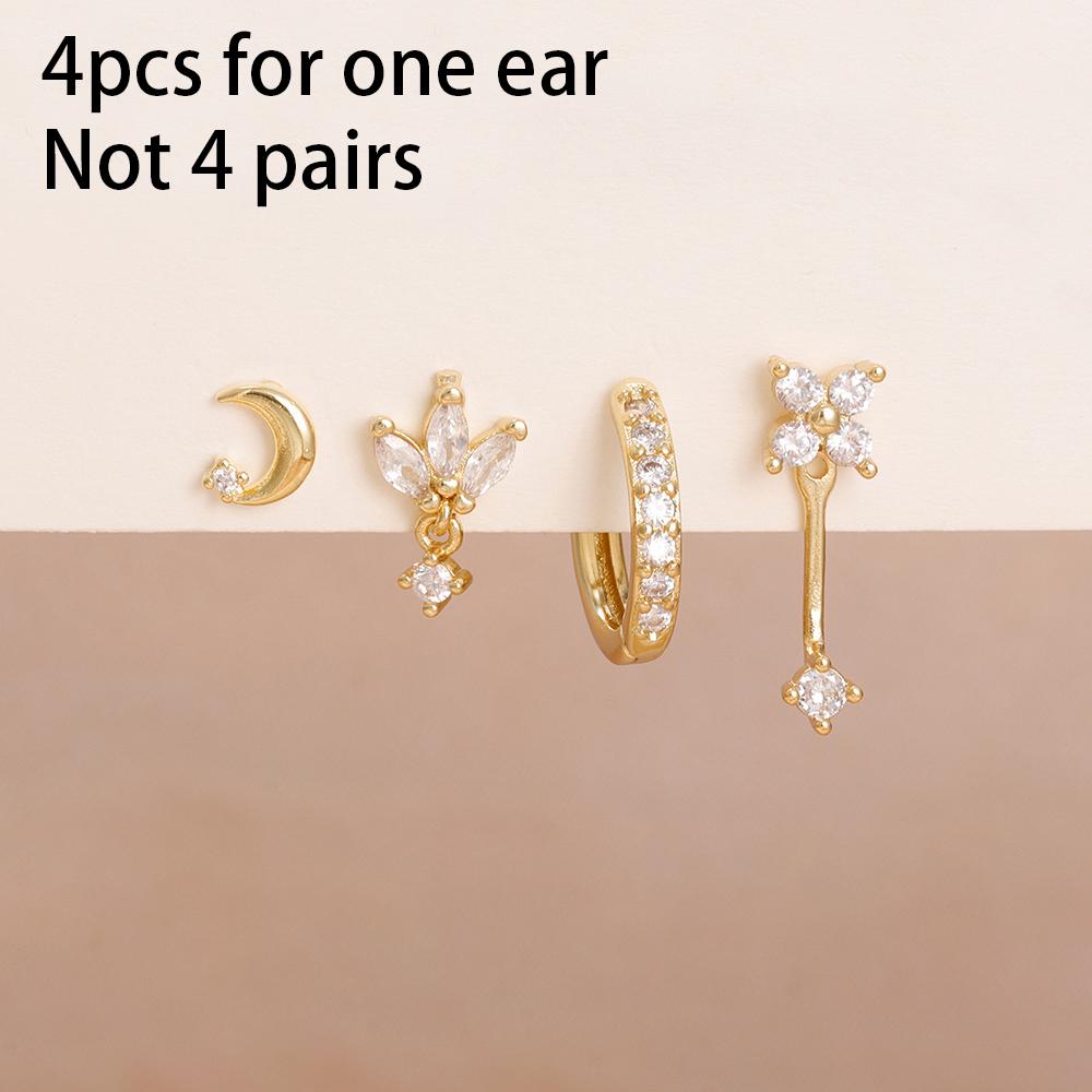 4PCS Zircon Star Moon Flower Small Hoop Earrings Set For Women Stainless Steel Huggies Pendant Piercing Earrings Jewelry Aretes