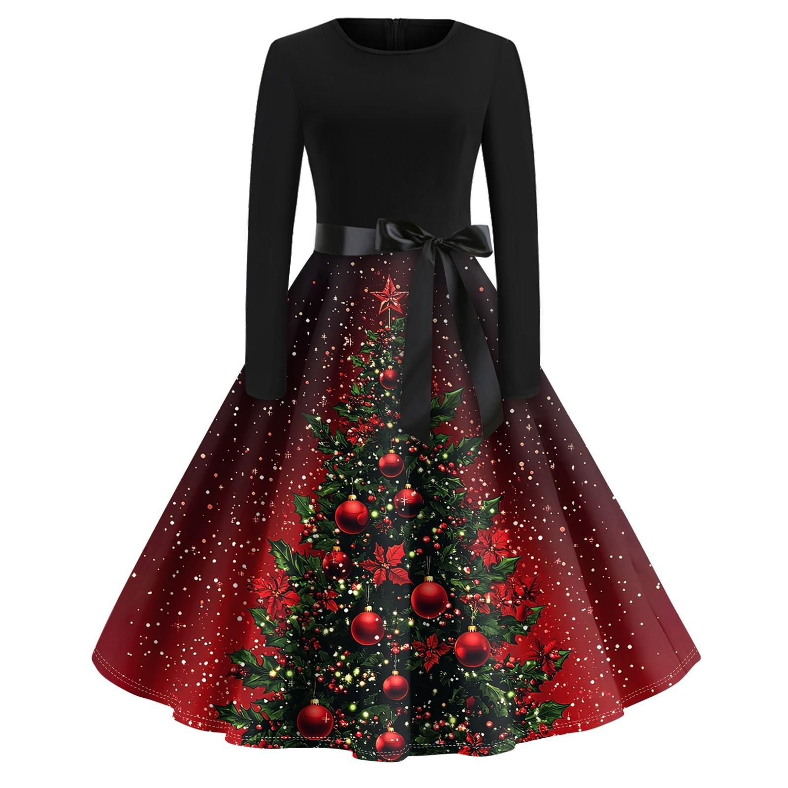 

Платье-клеш с принтом на Хэллоуин для женщин с длинным рукавом, повседневные платья с круглым вырезом и ажурной отделкой XL