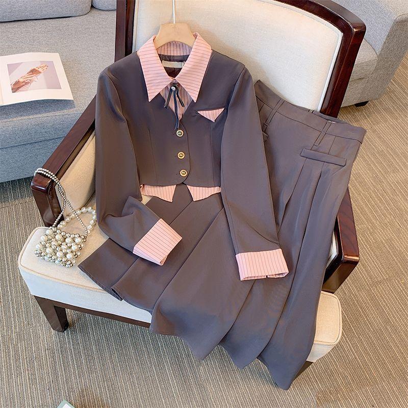 High-end Tea Department Wears A Complete Set of Women's Spring and Autumn Pleated Skirt, College Style Suit, Long Skirt.