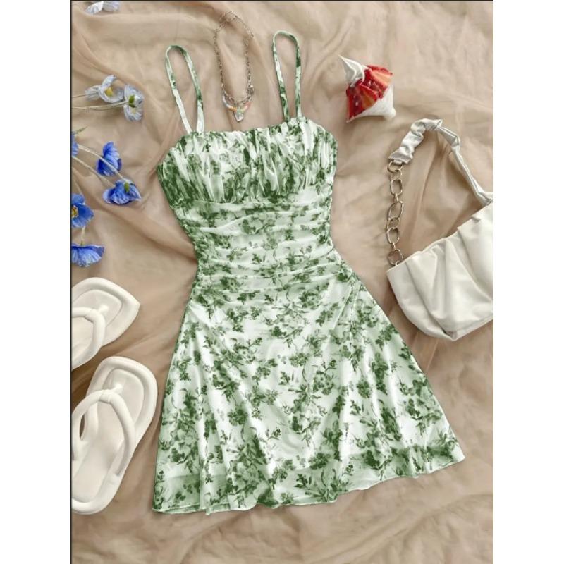 women s Ditsy Floral Spaghetti Strap Square Neck Ruched Mini Dress Casual Summer Sundress S зелёный