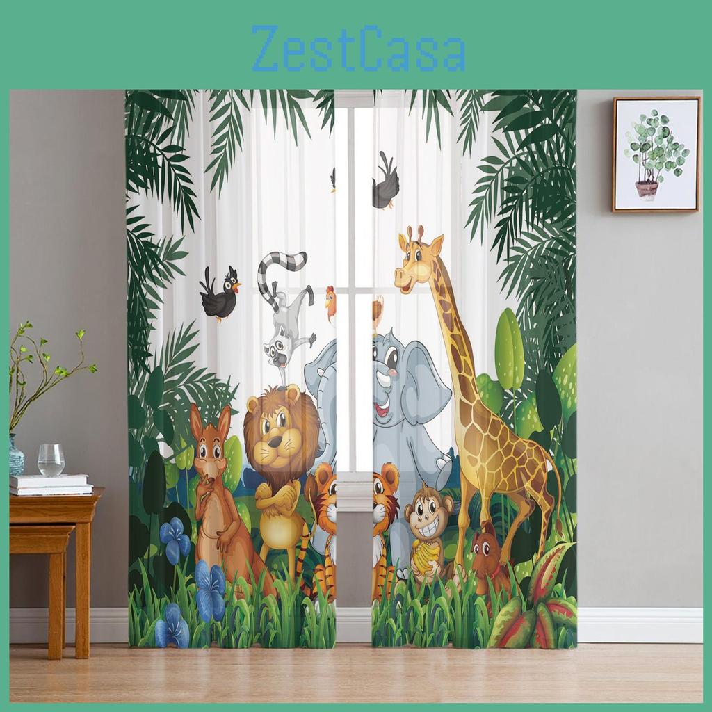 Cartoon Animal Zoo Tropical Jungle Sheer Curtain For Living Room Bedroom Kitchen Window Decor Giraffe Elephant Tulle Curtains