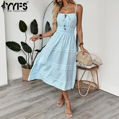Damenmode Sommer Frühling Streifendruck ärmellose Hosenträger hohe Taille Freizeitkleider