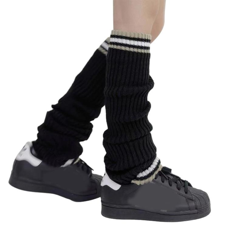 Student Vintage Double Striped Ribbed Knit Leg Warmers Slouch Leg Covers Boot Cuffs Stretchy Long Boot Socks for Women