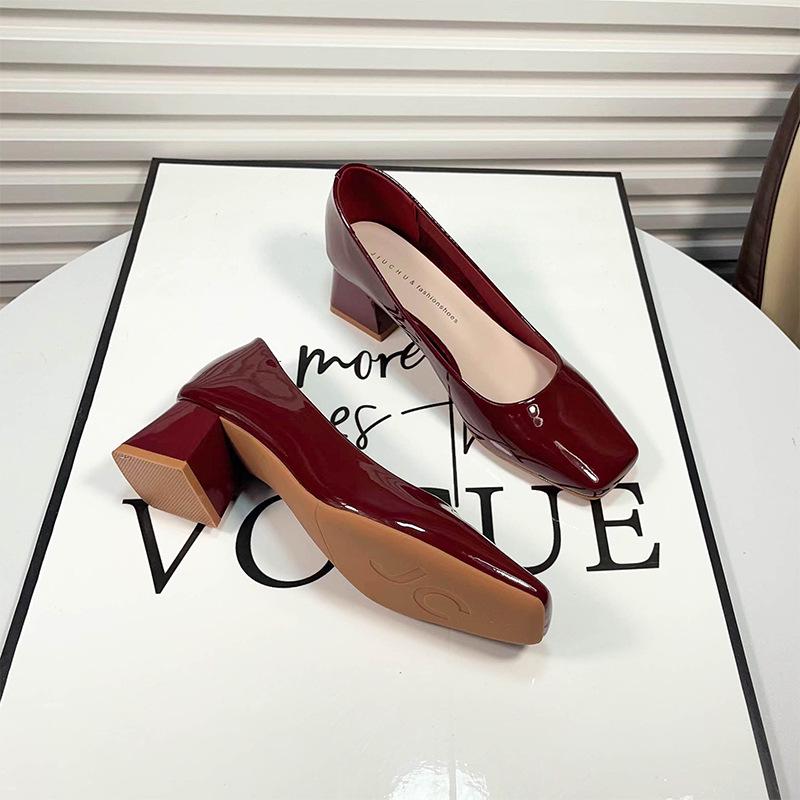 Women's 2024 Green Square Toe Chunky Heel Versatile Low-Cut High Heels
