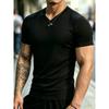 Men Vertical Ribbed V-Neck T-Shirt Slim Fit Breathable Quick Dry Stretch Knit Casual Streetwear Short Sleeve Pullover