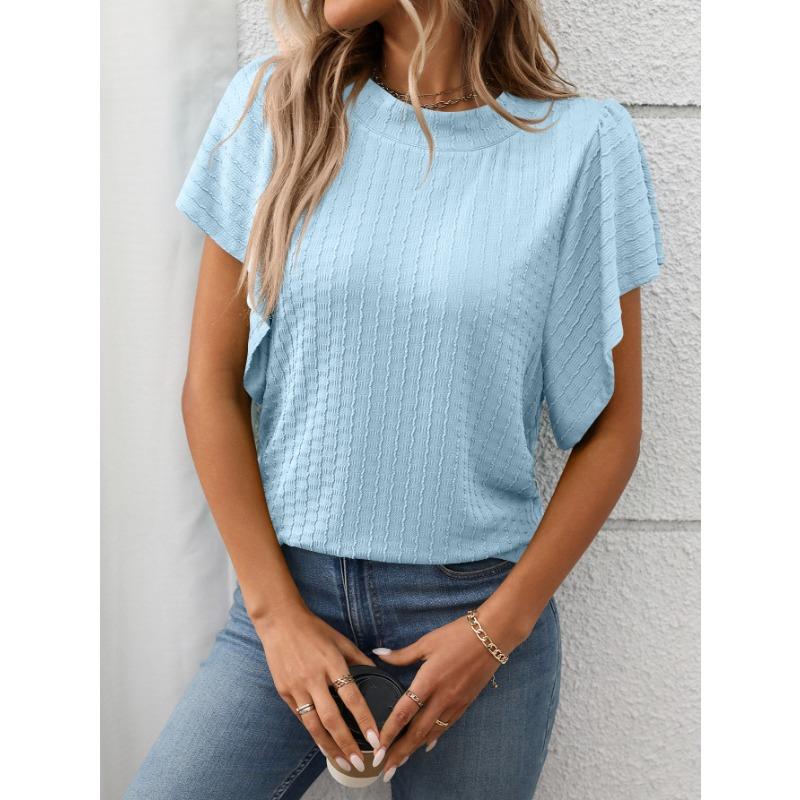 Summer Solid Color Round Neck Ruffle Sleeves Short Sleeved T-shirt Top