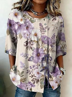 European and American summer new women's tops, shirts, geometric printing buttons, drawstrings, half-sleeved tops, T-shirts, women's clothing