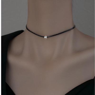 Japanese & Korean Style Titanium Steel Beaded Leather Choker for Women – Non-Fading, Fashionable Collarbones Accessory